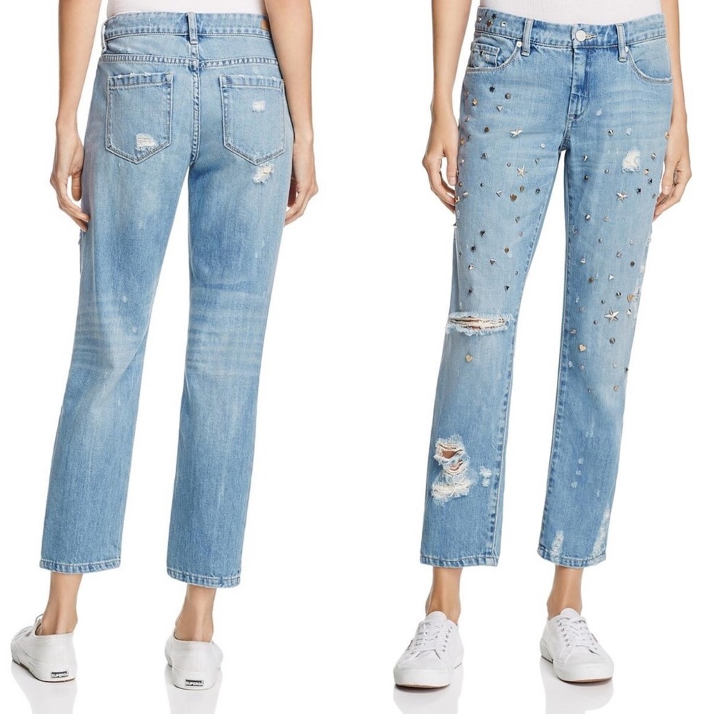 Mid Rise Studded Distressed Boyfriend Cropped Straight Jean